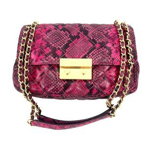 Michael Kors Sloan Pink Snake Print Crossbody Bag With Gold Chain Strap & Logo L